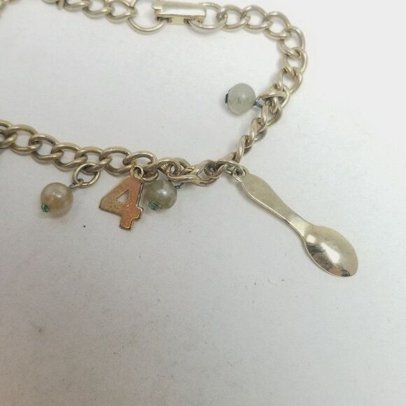 Vintage Gold Tone Charm Bracelet, 2 4 Spoons and Faux Pearls, Retro Estate - Picture 4 of 6